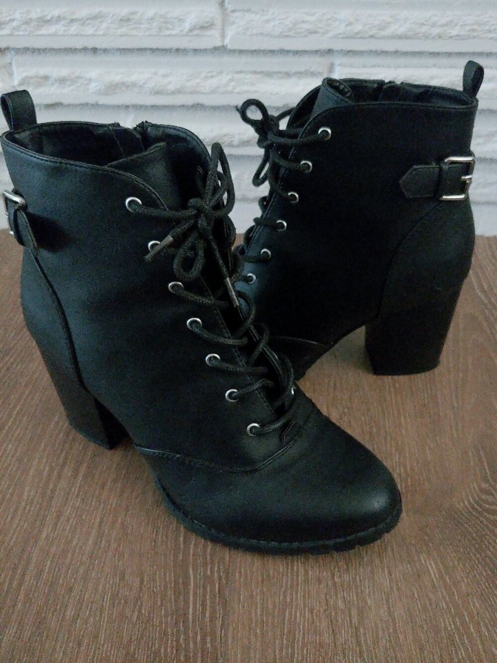 Brash Black Lace-Up Block Heel Ankle Booties with Buckle